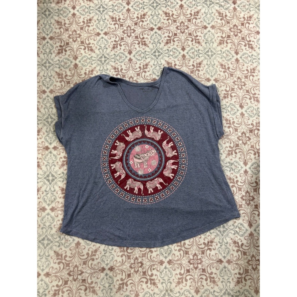 Mia & Jax Blue Elephant Mandala Graphic V-Neck Top Short Sleeve Boho Large